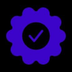 Blue badge or seal icon with a checkmark in the center indicating guarantee or approval.