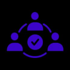 Three purple user icons connected in a circle with a checkmark in the center indicating verified collaboration.