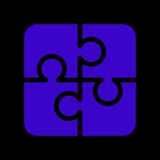 Icon of four interlocking puzzle pieces forming a square in purple.