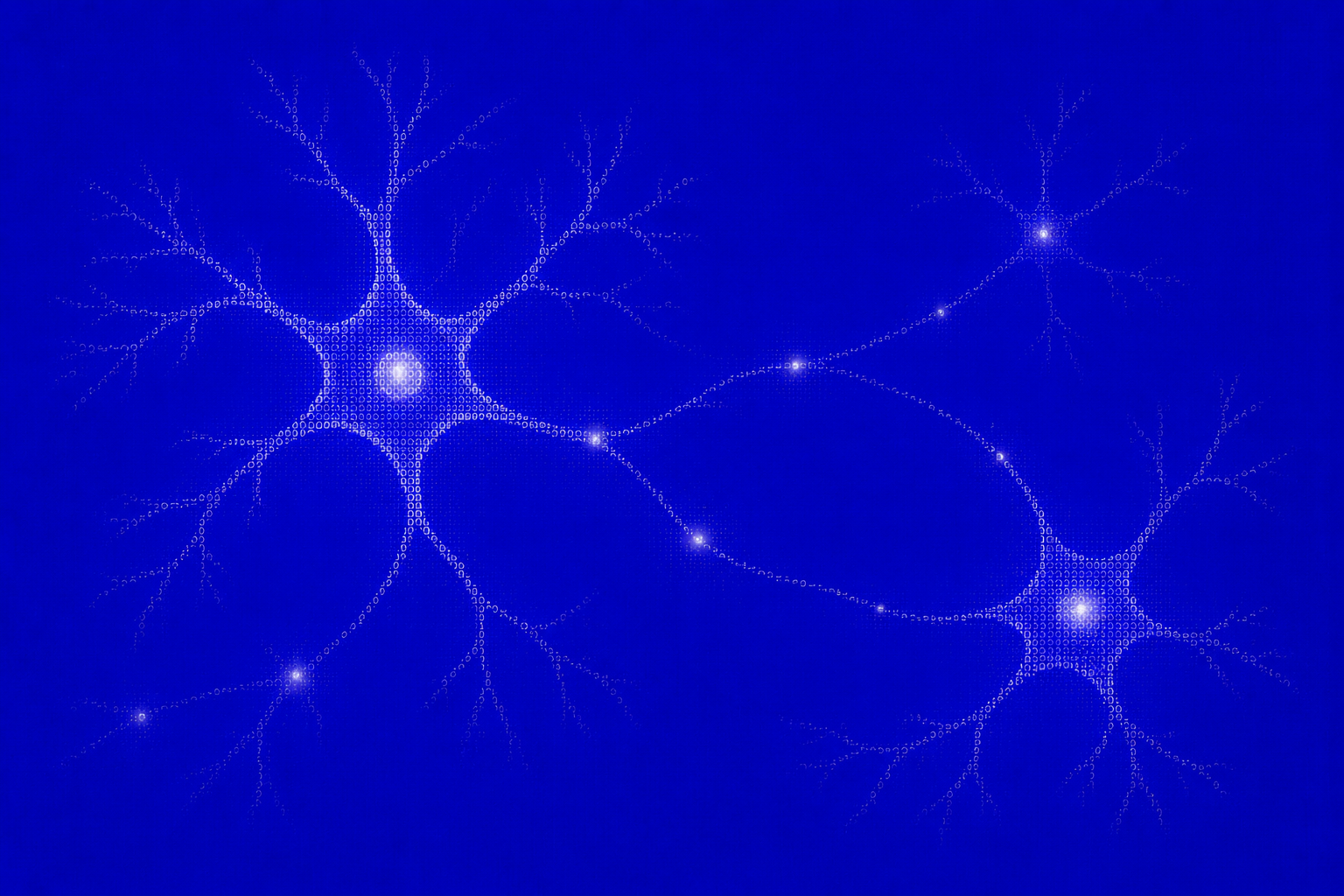 Two glowing neuron-like clusters connected by a sparse particle network, rendered in white pixel-dots on a deep royal-blue background.