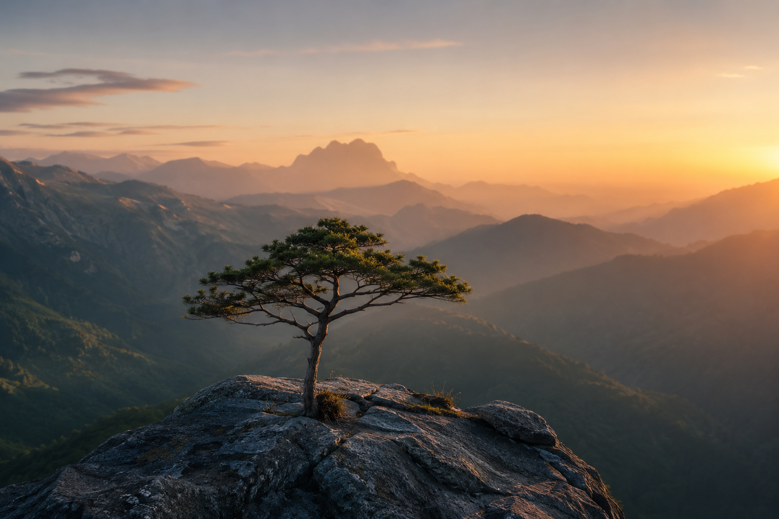 A single pine tree on a rocky outcrop above misty mountains at sunrise.